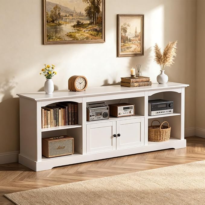LUCKLIFE 71" TV Stand for TVs up to 80 Inch,Modern Farmhouse Entertainment Center with Arched Cabinet Doors & Open Adjustable Storage Shelves,Media Console Table for Living Room (White, 71 inch) - Image 4