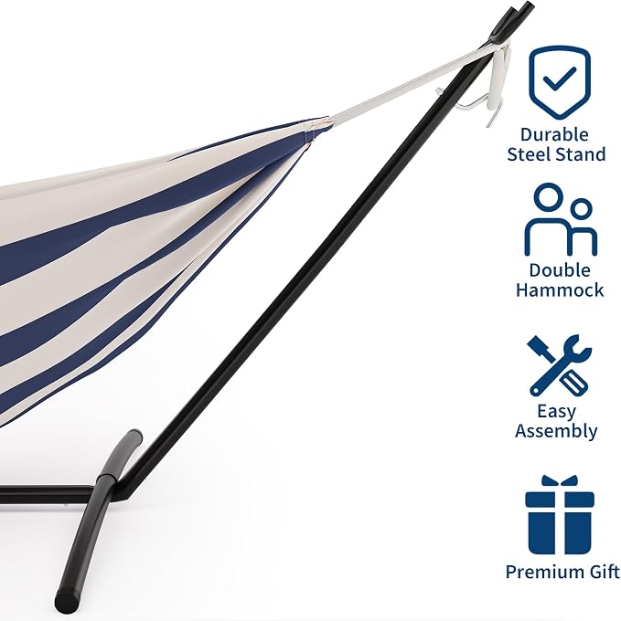 Double Hammock with Steel Stand - 2 Person Hammock Bed Indoor Outdoor, Brazilian-Style, with Carry Bag, 450lb Capacity, Portable & Easy Assembly, Blue&White - Image 4