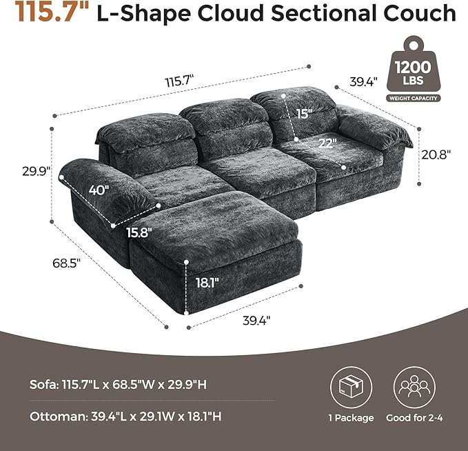 115.7" L Shaped Modular Sectional Sofa with Ottoman, Cloud Boneless Couch, Upholstered Sofa in a Box, Flexible Module Combination for Living Room, No Assembly, Grey