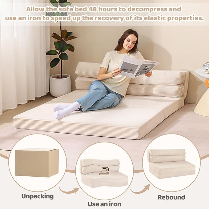 Folding Sofa Bed, Convertible Sleeper Chair with Pilow Foldable Matress, 2 in 1 Pull Out Loveseat Sofa Portable Fold Out Chair Bed Floor Couch Lounge for Living Room Bedroom (Beige, Full)