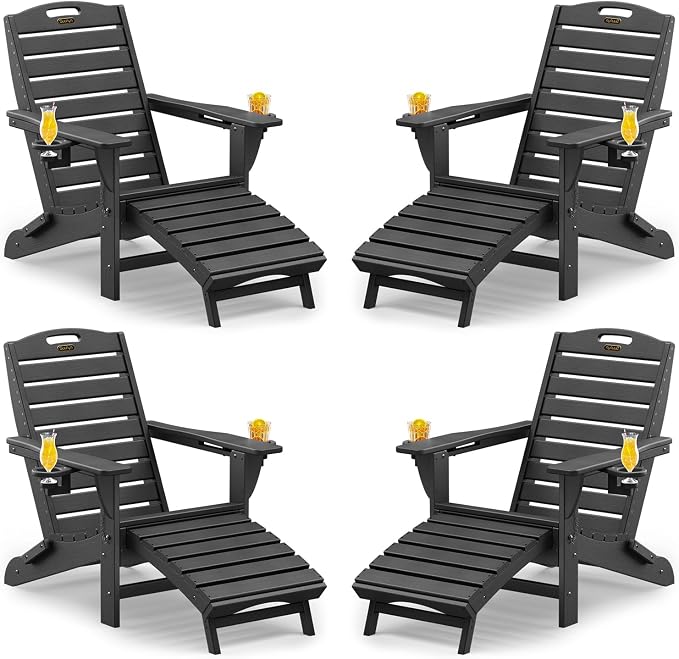 Folding Adirondack Chairs Set of 4,Adirondack Chair with Retractable Ottoman,Plastic Adirondack Chairs with 2 Cup Holder,Weather Resistant Patio Chair,Outdoor Chairs Set of 4(Black) by Suunyn