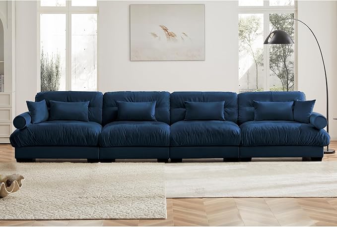 KEIKI 166" Oversized Velvet Modular Sectional Sofa with High-Density Foam Cushions and Bolstered Armrests, Upholstered Modern Style 4-Seater Cloud Couch with 6 Pillow, for Apartment, Living Room, Blue