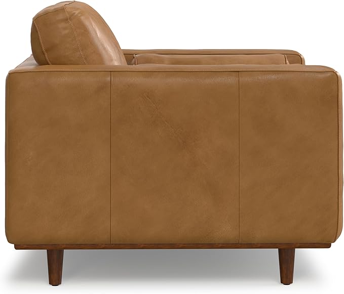 SIMPLIHOME Morrison Arm Chair - 42 inch Wide Upholstered Genuine Leather Mid-Century Modern Accent Chair in Sienna with Solid Wood Legs, Reversible Bolster Pillows and Reclined Back