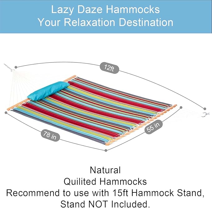 Lazy Daze Hammocks 12 FT Quilted Fabric Double Hammock with Spreader Bars and Detachable Pillow, 450lbs Weight Capacity - Image 2