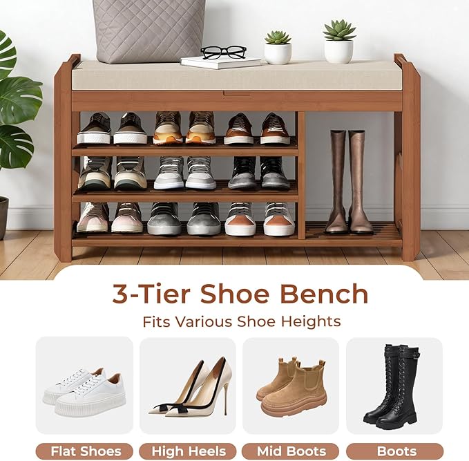 39.4" Bamboo Shoe Bench with Cushion, 6 Hooks Coat Rack, 3-Tier Adjustable Storage Bench for Entryway, Heavy Duty Shoe Rack Organizer with Removable Soft Cushion for Living Room Bedroom Hallway - Image 4