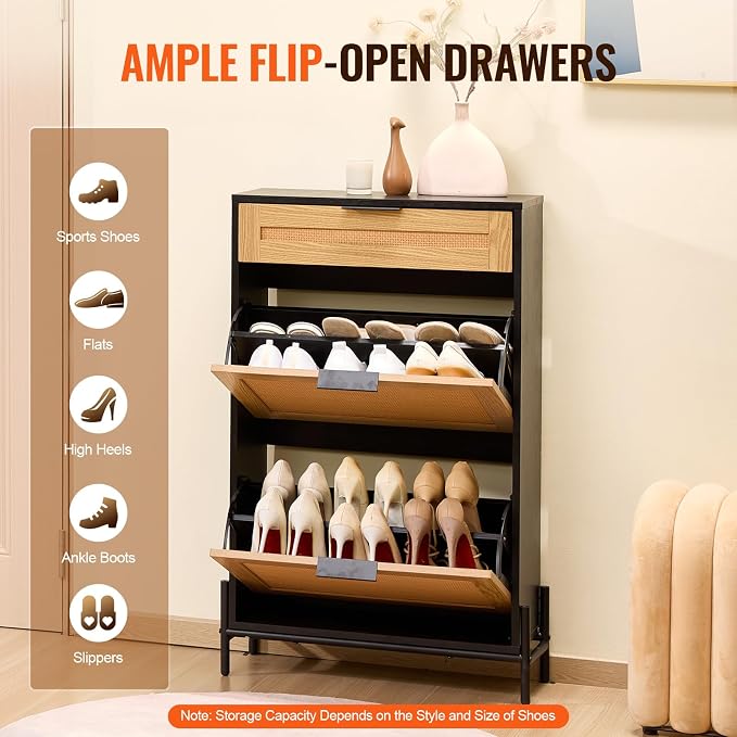 VEVOR Rattan Shoe Cabinet, Narrow Shoe Storage Organizer with 2 Flip Rattan Drawers & 1 Slide Drawer, Metal Legs, Slim Shoe Entryway Cabinet Ideal for Entryway, Closet, Hallway, Black - Image 5
