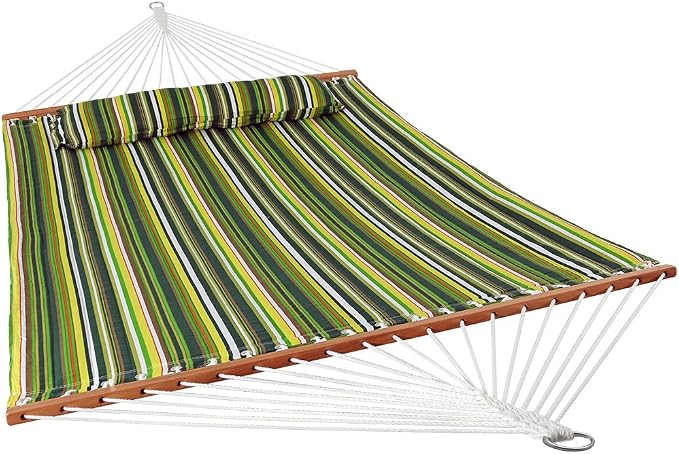 Sunnydaze Quilted Double Hammock for Outside with Spreader Bars and Pillow - 450 lb Capacity, 74x55 Inch Bed, UV Resistant, Quick Dry - Chains Included, Stand Sold Separately - Melon Stripe - Image 10