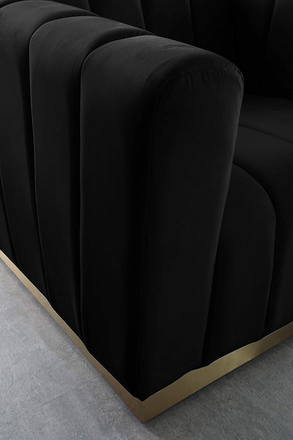 Meridian Furniture 603Black-L Marlon Collection Modern | Contemporary Velvet Upholstered Loveseat with Deep Channlel Tufting and Brushed Gold Finish, Black, 62.5" W x 34" D x 28" H