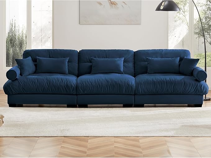 KEIKI 130" Oversized Velvet Modular Sectional Sofa with High-Density Foam Cushions and Bolstered Armrests, Upholstered Modern Style 3-Seater Cloud Couch with 5 Pillow, for Apartment, Living Room, Blue