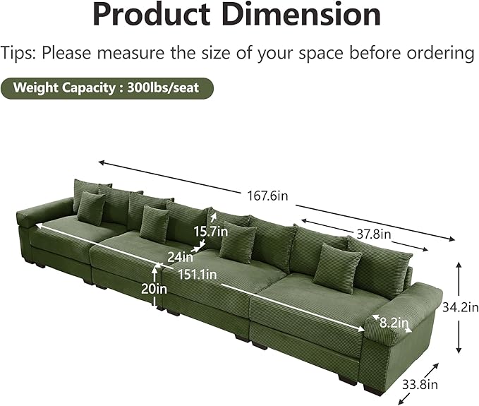 KEIKI 168" Oversized Corduroy Modular Cloud Sectional Sofa with High-Density Foam Cushions, Extra-Thick Armrest, Upholstered Modern 4-Seater Fluffy Corner Couch with 12 Pillow, for Living Room, Green