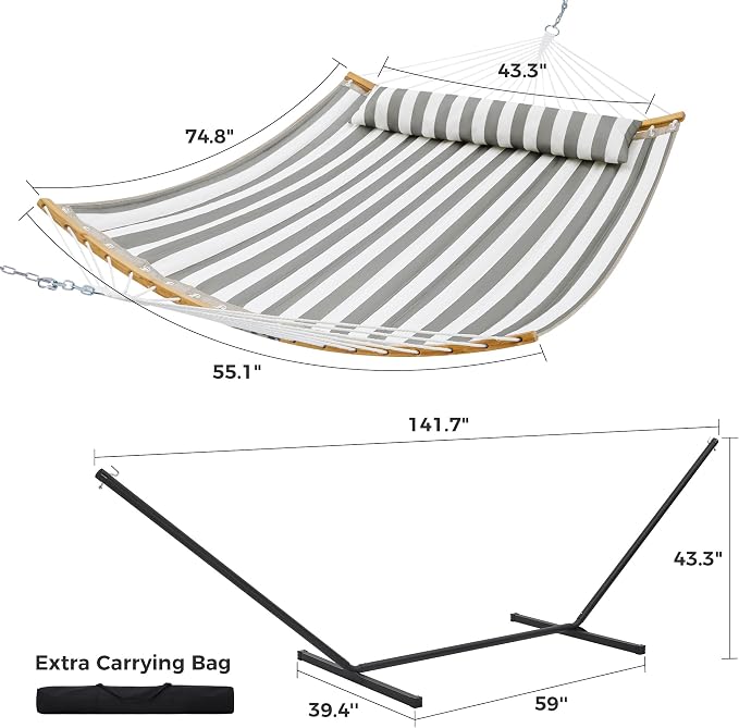 SUPERJARE Curved-Bar Hammock with Stand, 2 Person Heavy Duty Hammock Frame, Detachable Pillow & Portable Carrying Bag, Perfect for Outdoor & Indoor, Black and White Stripe - Image 8