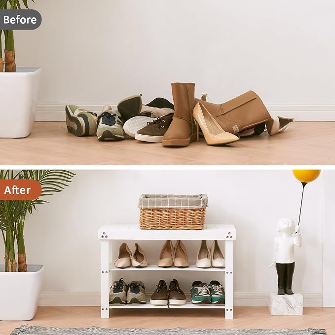 Apicizon Bamboo Shoe Rack for Entryway, 3-Tier Shoe Rack Bench for Front Indoor Entrance, Small Shoe Organizer with Storage, White - Image 4