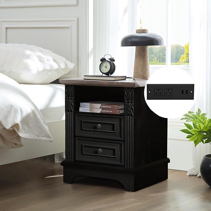 BOSHIRO Farmhouse Nightstand wtih Charging Station, 20" End Table with 2 Drawers, Night Stand Side Table Storage Cabinet with Carved Pilasters for Bedroom,Wood Rustic, Black by BOSHIROFurniture