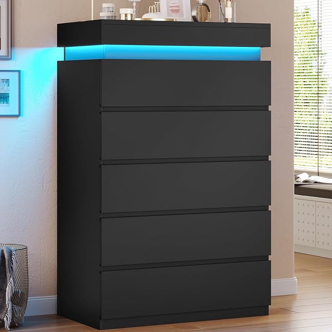 HAUOMS Tall 5 Drawer Dresser with LED Light, Black Modern Chest of Drawers for Bedroom,Closet Dressers with Drawers for Living Room, Entryway, Hallway - Image 7