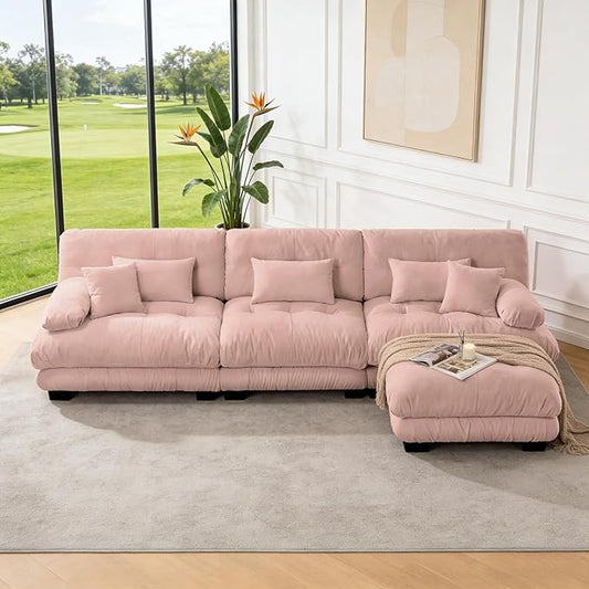 133.8" L-Shaped Cloud Couch, Oversized Modular Sectional Sofa, Deep Seat Cloud Boneless Couch, 3-Seat Modular Sectional Sofa with Ottoman or Living Room,Bedroom and Apartment, Pink
