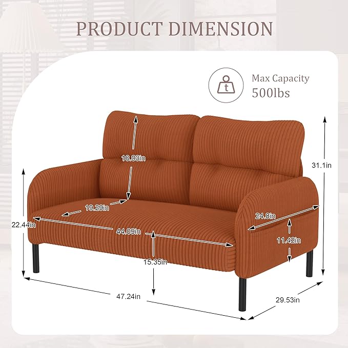 KEIKI 47" Corduroy Loveseat Sofa with Double Side Pockets & High Resilience Cushion, Modern Style Ergonomic Design Upholstery Oversized 2-Seater Couch, Easy Assembly, for Living Room, Orange