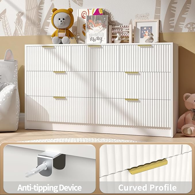 7 Drawer Dresser and Nightstand Sets, 3 Pcs Bedroom Set for Bedroom, Fluted Night Stand Set of 2 & 55" Wide Dresser w/Gold Handles, Modern Wood Chest of Drawers Storage Cabinet Set, White