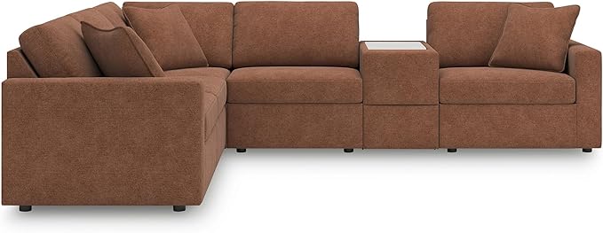 Signature Design by Ashley Modmax Contemporary Stain Resistant Left-Arm Facing 6-Piece Sectional with Storage Console, Armrest, Throw Pillows and Reversible Cushions, Orange