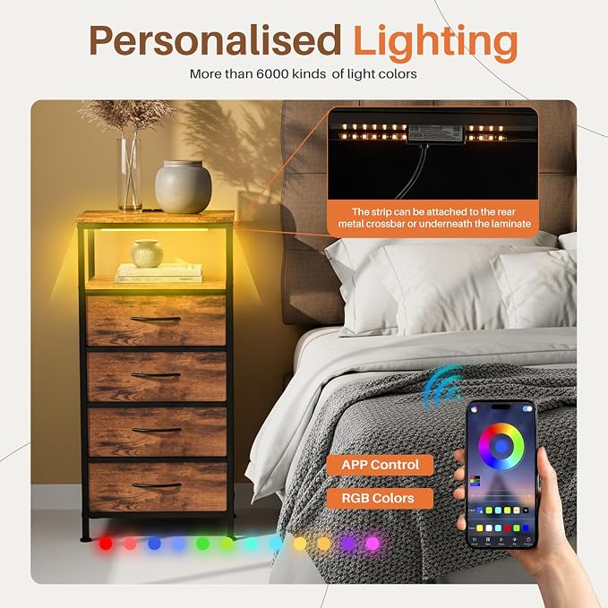 Sweetcrispy Nightstand with Charging Station, Bedside End Table with 4 Fabric Drawers, USB & Type-C Ports with AC Outlets, Adjustable Feet & Dimmable LED Light Strip, Modern Bedroom Furniture, Brown - Image 7