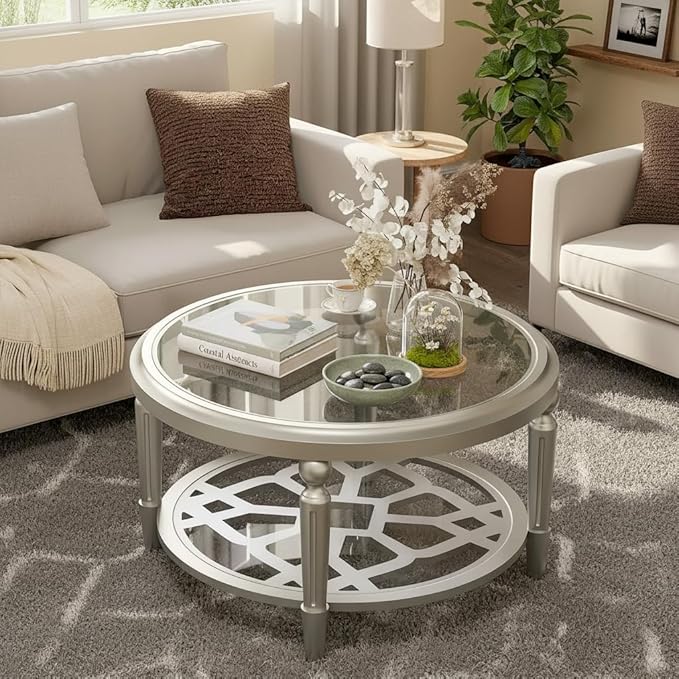 COSIEST 32" Round Glass Coffee Table with Storage, 2-Tier Modern Champagne Center Table for Living Room, Elegant Clear Glass Top Accent Table with Pine Wood Frame, Simple Home Office Furniture