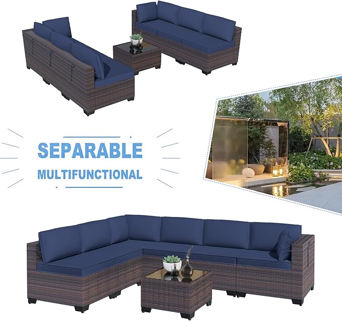 Kullavik 12PCS Outdoor Patio Furniture Set,PE Wicker Rattan Sectional Sofa Patio Conversation Sets with Tempered Glass Table,Swivel Rocking Chairs Set,Navy Blue