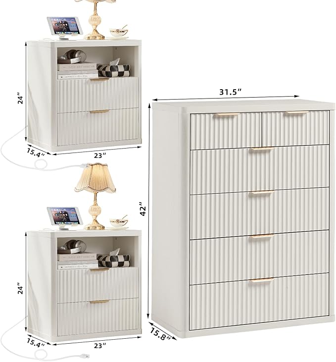 LEYAOYAO 42" Tall Fluted Dresser and 2 Drawers 23" Nightstand Set of 2,Wooden Dresser & Night Stand with Charging Station,3 Piece Bedroom Furniture Set,Chest of Drawer for Living Room,Antique White