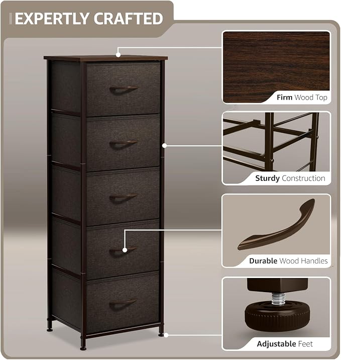 Sorbus Nightstand with 5 Drawers - Bedside Furniture & Night Stand End Table Dresser with Steel Frame, Wood Top, Easy Pull Fabric Bins for Home, Bedroom Accessories, Office & Dorm - Image 4