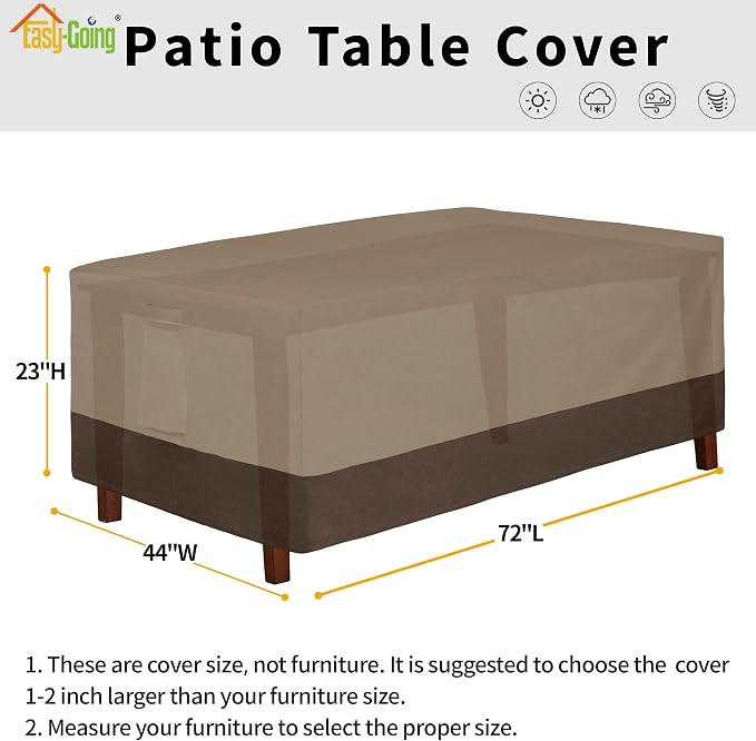 Easy-Going 600D Heavy Duty Rectangular Table Cover UV Resistant and Waterproof Outdoor Lawn Patio Furniture Cover (72" Lx44 Wx23 H, Camel/Dark Brown) - Image 2