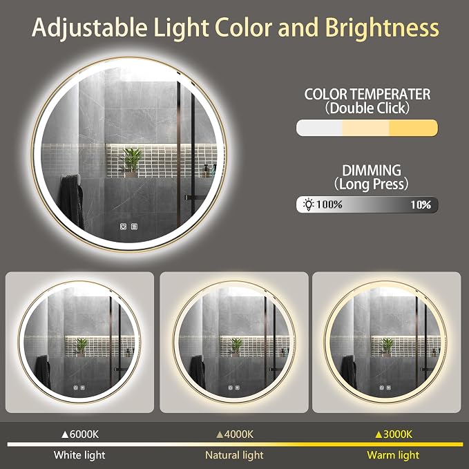 Itrue 36 Inch LED Bathroom Round Mirror, Gold Metal Frame, Adjustable Color Temp & Brightness,Anti-Fog,Shatter-Proof Tempered Vanity Mirror for Wall - Image 3