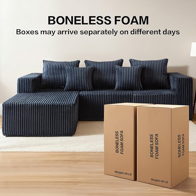 Boneless Sectional Sofa, 101" Cloud Sofa with Wide-Wale Corduroy, Deep Seat L Shaped Couch, All-Foam Filled Compressed Couch for Living Room (Black, Corduroy)