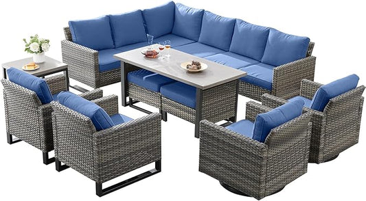 Belord Outdoor Sectional Furniture with Swivel Rocker Chair, 10 Pieces Wicker Patio Furniture Sets with Ottoman L Shaped Sofa Coffee Table Blue Cushion