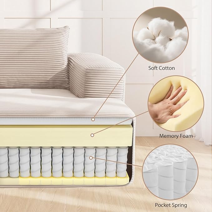 97inch Boneless L-Shaped Sectional Sofa with Throw Pillow & Side Pockets- No Assembly Compressed Modular Couch, Memory Foam, Deep Seat for Living Room, Bedroom, Apartment White Right