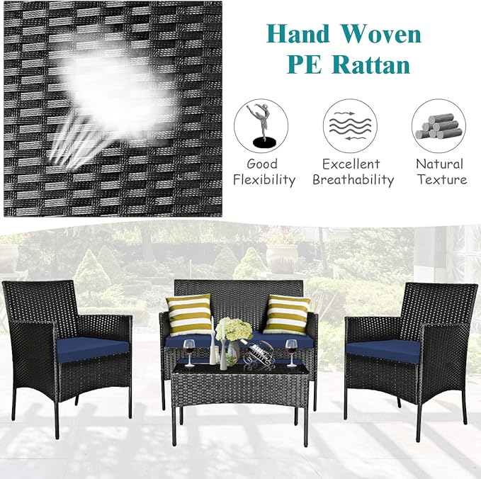 8 Pieces Patio Furniture Set, Outdoor Conversation Set with Ergonomic Curved Backrest, Patio Chair Set with Water-Resistant Cushion & Tempered Glass Table for Balcony, Porch (Navy Blue)