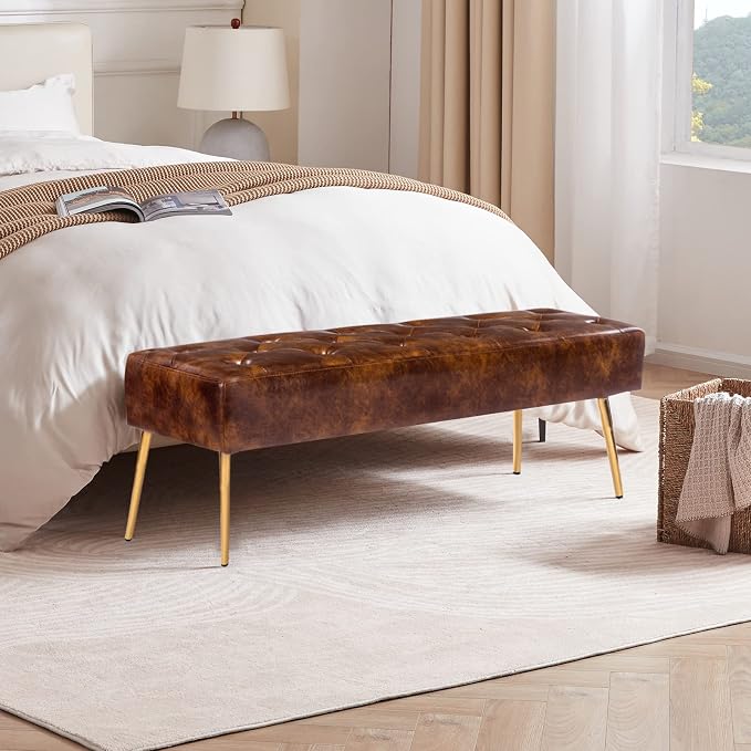 DUHOME Button-Tufted Ottoman Bench, Upholstered Bedroom Benches with Gold Legs Faux Leather Bench for Entryway Dining Room Living Room Bedroom End of Bed, Yellowish Brown - Image 4