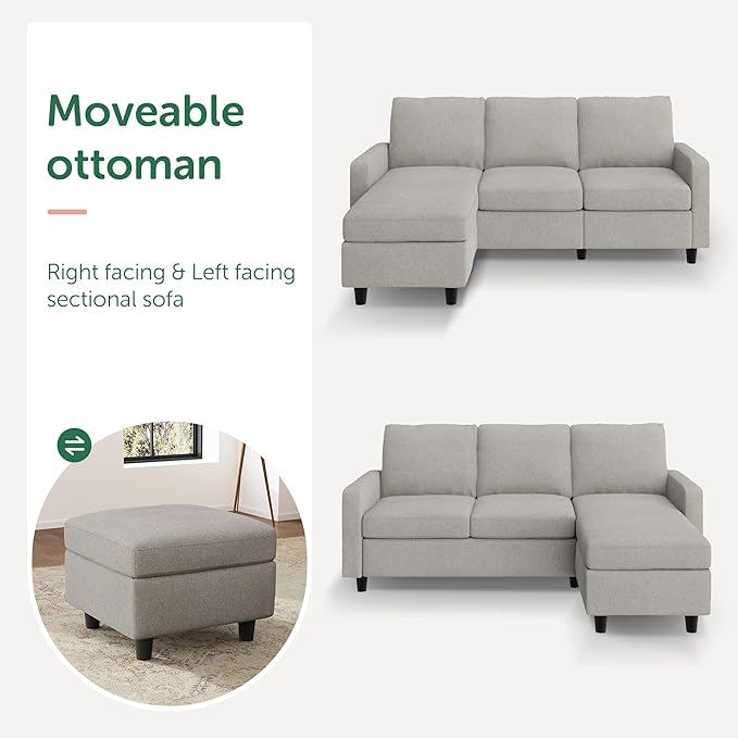 HONBAY Convertible Sectional Sofa, L Shaped Couch with Linen Fabric, Reversible Couch for Small Space, Mid Light Grey