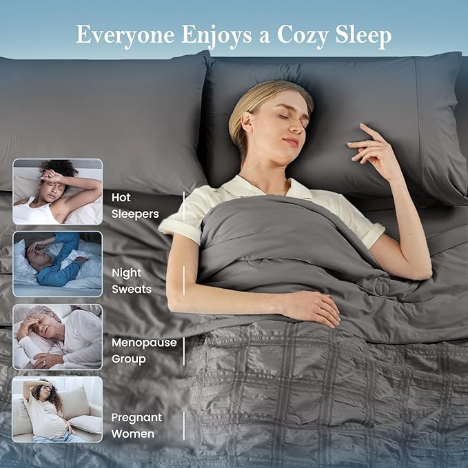 Cozy Bliss Cooling Comforter Seersucker Plaid Twin XL Size, Q-Max 0.45 Lightweight Cooling Blanket, Breathable Silk Smooth Summer Bedding Quilt for Hot Sleepers Night Sweats Dark Gray
