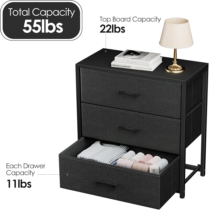 Memobarco Nightstand with 3 Drawers for Bedroom, Storage Dresser with Fabric Drawers and Metal Frame for Closet, Living Room, Bedside Table with Wood Top, Easy Pull Handle, Black - Image 3