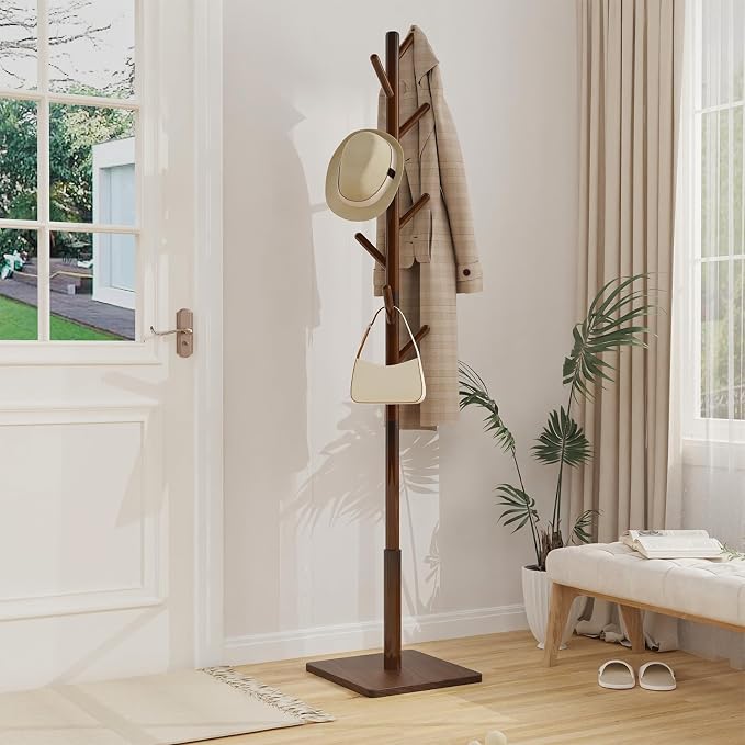 Coat Rack Freestanding with Stable Square Base, Entryway Furniture with 3 Adjustable Sizes and 8 Hooks, Used in Bedroom, Office and Hallway, Brown - Image 4