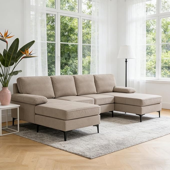 106" U-Shape Sectional Couches with Double Chaise, Upholstered Sofa with Polyester Blend Fabric, Modern 4 Seat Modular Sofa with Sturdy Metal Legs for Living Room, Apartment, Khaki