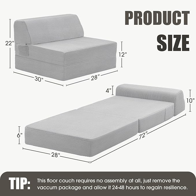 Folding Sofa Bed with Pillow, Memory Foam Fold Out Chair Bed, Convertible Sleeper Chair with Washable Cover, Futon Floor Couch for Living Room/Dorm/Guest Use/Home Office/Apartment, Light Grey