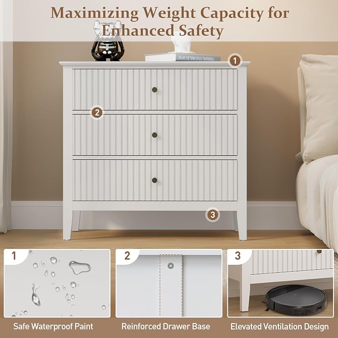 RoyalCraft White Fluted 3 Drawer Dresser, 32 inch Wide Dresser Nightstand for Bedroom, Modern Wood Chest of Drawers, Large Painted Nightstand with 3 Drawers for Closet, Hallway, Entryway - Image 7