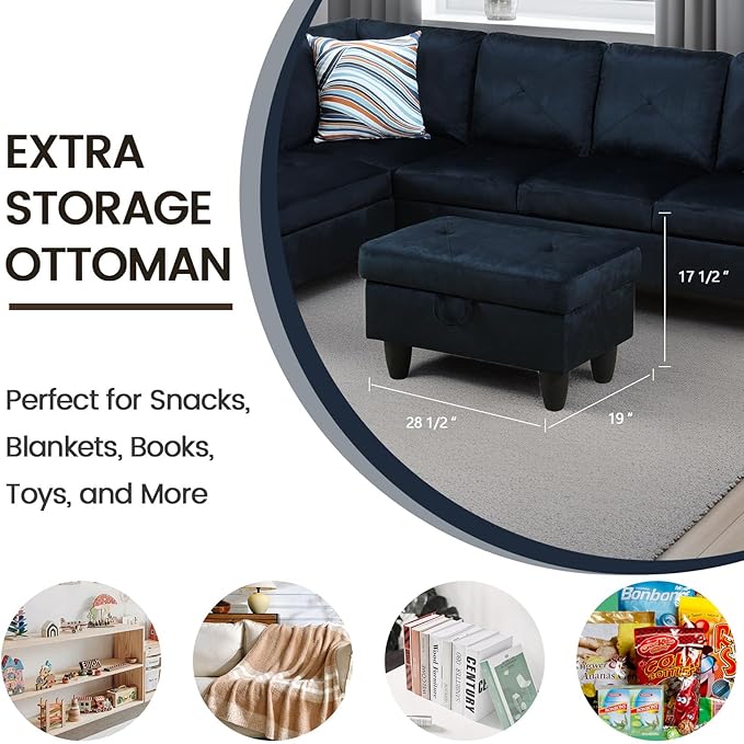 Sectional Couches for Living Room Furniture Sets, 4 Seat L Shaped Couches with Ottoman, Modular Sectional Sofa for Apartment Furniture Sets, Dark Blue