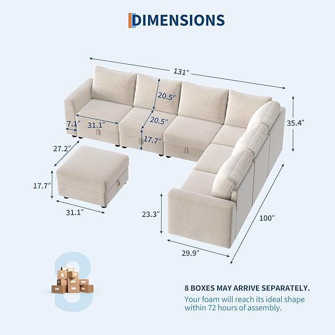 Sectional Couches for Living Room, Cloud Couch Sectional with Large Storage, l-Shape Modular Sectional Sofa with Ottoman (Beige 7-Seater)