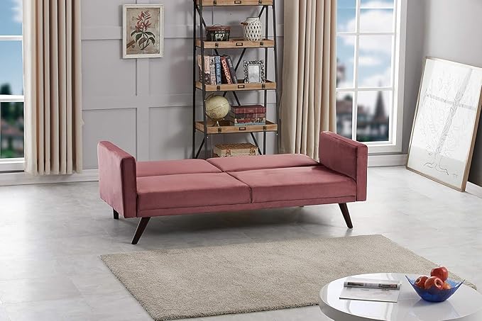 72" Retro Velvet Sofa Bed - Vintage Modern Convertible Futon w/Reclining Backrest - Velvet Upholstery on Solid Wood Frame (72" L x 34.6" W x 30.23" H), Rose
