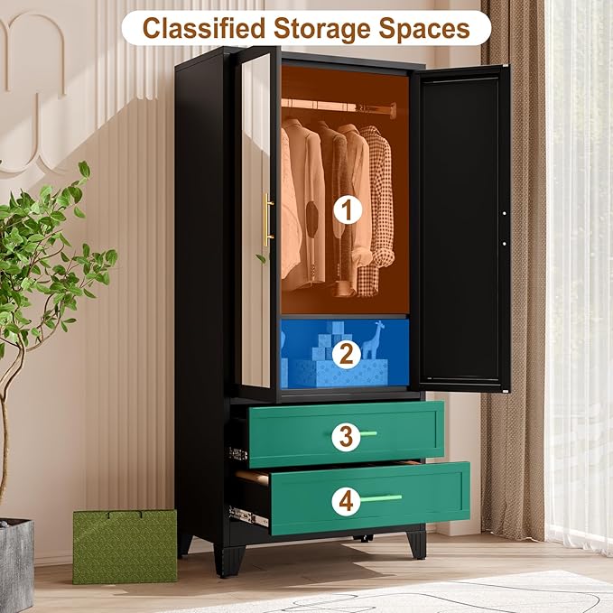 Metal Armoire Wardrobe Closet Storage Cabinet with 2 Doors Black, 71'' Wardrobe with Hanging Rod Metal Closet with Adjustable Shelf and 2 Drawers, Freestanding Storage Cabinet for Bedroom