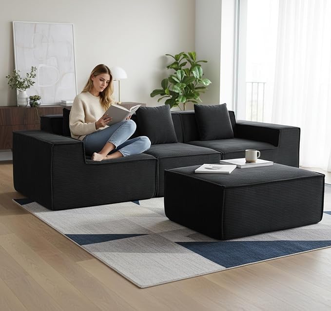 Rowan Convertible Corduroy Sectional Couch with Ottoman & Pillows, Modular L Shaped Sleeper Sofa, Boneless Cloud Couch for Living Room Furniture, Black