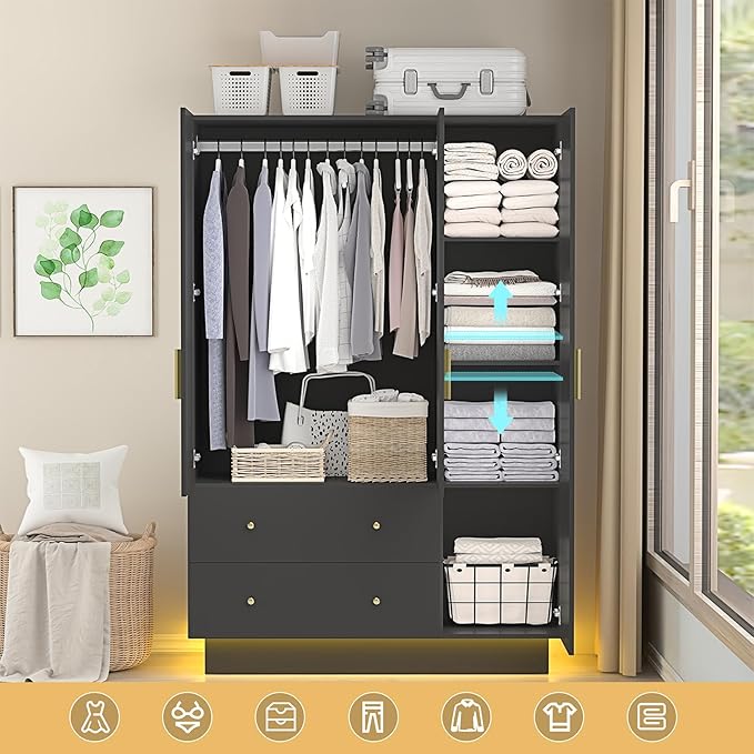 chartustriable 3 Doors Armoire Wardrobe Closet with Mirror, LED Armoire with Doors and Drawers, Wooden Wardrobe Storage Cabinet with Hanging Rod, Adjustable Shelves, Black