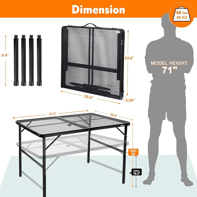 4 ft Folding Table with Metal Mesh Desktop, Grill Table Camping Table with Carry Handle,Adjustable Height (16.5" & 26"), Outdoor Table for Camp, Cooking, BBQ, RV, Picnic,Fits 4–8 People,Black - Image 3