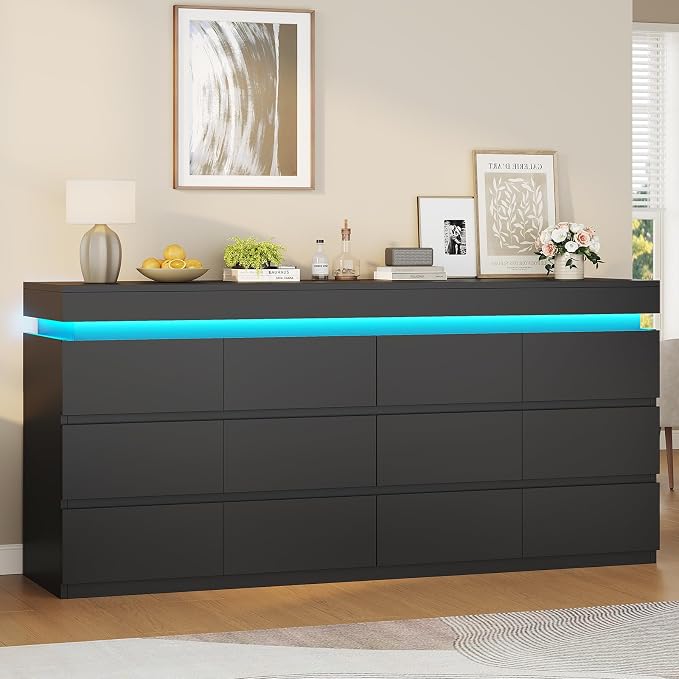 HAUOMS 12 Drawer Dresser with LED Light, Black Modern Chest of Drawers for Bedroom,Long Dresser with Drawers for Living Room, Entryway, Hallway - Image 7
