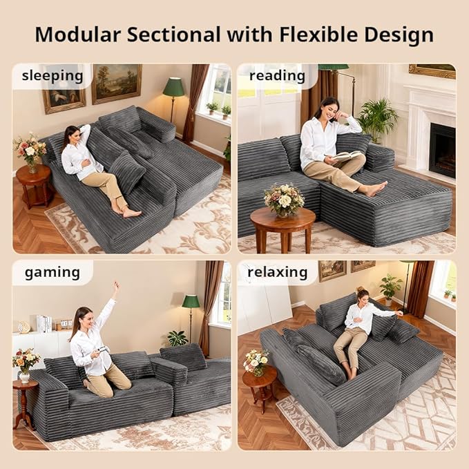 COMHOMA 105”Modular Sectional Sofa with Deep Seat,Cloud Upholstered L-Shape Couch Wide Arms Corduroy Fabric High-Density Foam Chaise Lounge for Living Room No Assembly Required